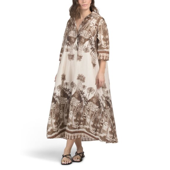 BLUE NAVY Brown Made In Italy Three Quarter Sleeve Printed Cotton Shirt Dress - Picture 1 of 2